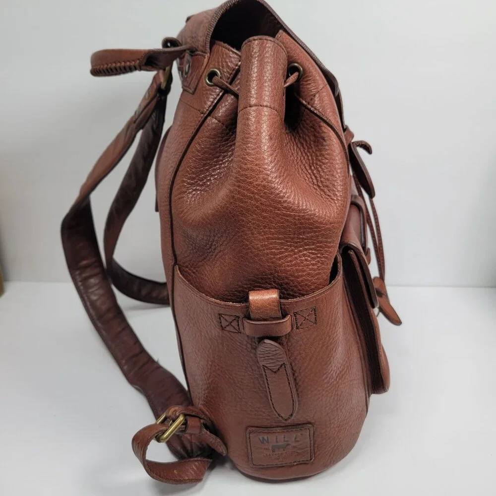 Will Leather Goods Brown Leather Backpack W Multiple Pockets & Adjustable Straps - Picture 3 of 10